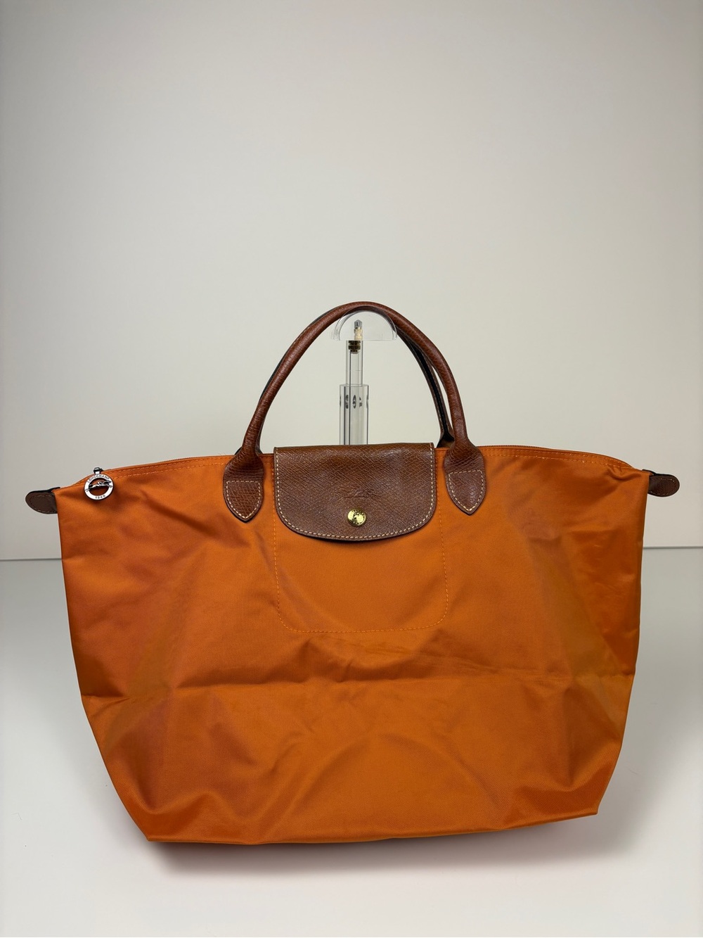 Longchamp Le Pliage Medium Orange Nylon Short Leather Handle Tote